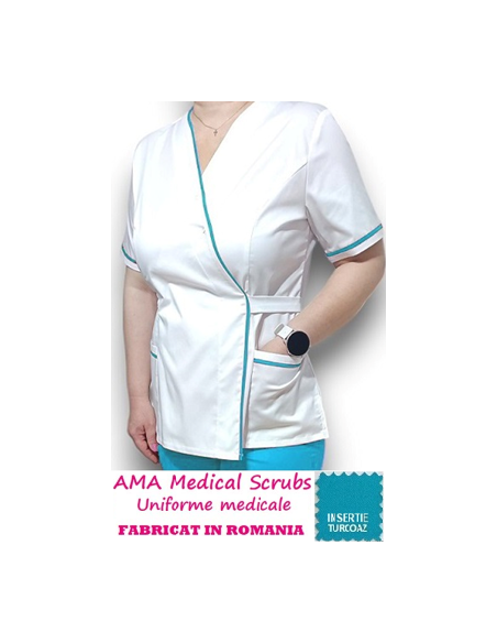 Halat medical Kimono alb insertie turcoaz, din tercot elastic Halat medical Kimono alb insertie turcoaz, din tercot elastic