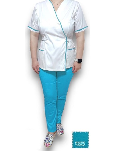 Halat medical Kimono alb insertie turcoaz, din tercot elastic Halat medical Kimono alb insertie turcoaz, din tercot elastic