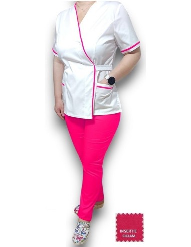 Halat medical Kimono alb insertie ciclam, din tercot elastic