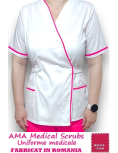 Halat medical Kimono alb insertie ciclam, din tercot elastic