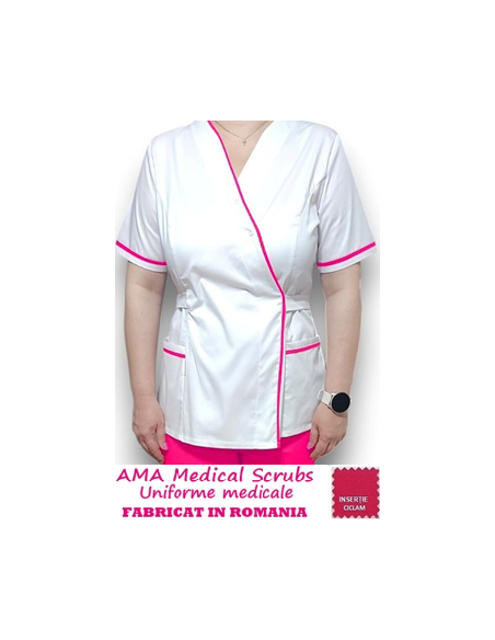 Halat medical Kimono alb insertie ciclam, din tercot elastic Halat medical Kimono alb insertie ciclam, din tercot elastic
