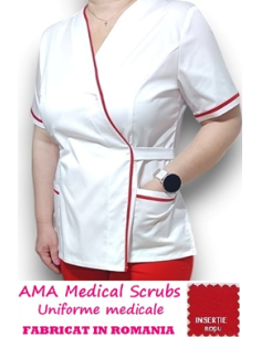 Halat medical Kimono alb insertie rosie, din tercot elastic