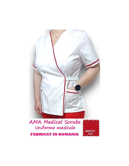 Halat medical Kimono alb insertie rosie, din tercot elastic Halat medical Kimono alb insertie rosie, din tercot elastic