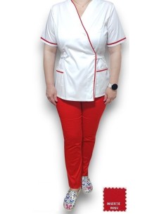 Halat medical Kimono alb insertie rosie, din tercot elastic 2