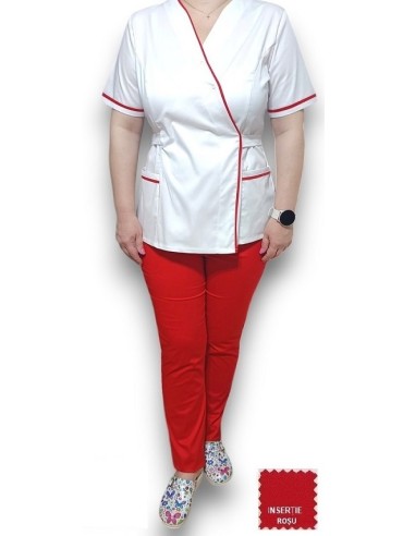 Halat medical Kimono alb insertie rosie, din tercot elastic