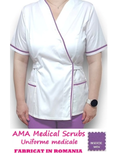 Halat medical Kimono alb insertie mov, din tercot