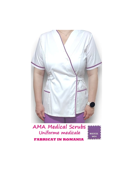 Halat medical Kimono alb insertie mov, din tercot Halat medical Kimono alb insertie mov, din tercot