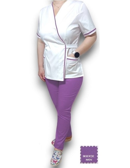 Halat medical Kimono alb insertie mov Halat medical Kimono alb insertie mov