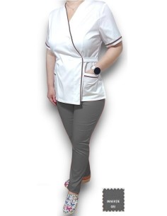 Halat medical Kimono alb insertie gri, din tercot elastic 2