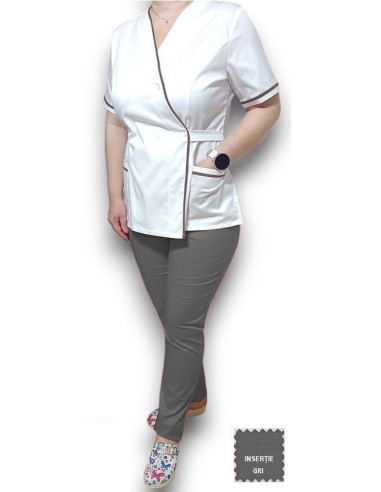Halat medical Kimono alb insertie gri, din tercot elastic