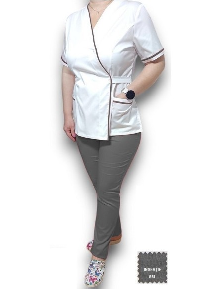 Halat medical Kimono alb insertie gri, din tercot elastic Halat medical Kimono alb insertie gri, din tercot elastic