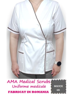 Halat medical Kimono alb insertie gri, din tercot elastic