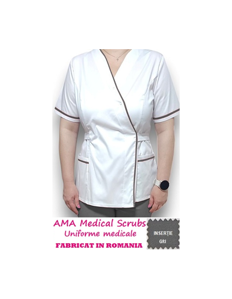 Halat medical Kimono alb insertie gri, din tercot elastic Halat medical Kimono alb insertie gri, din tercot elastic