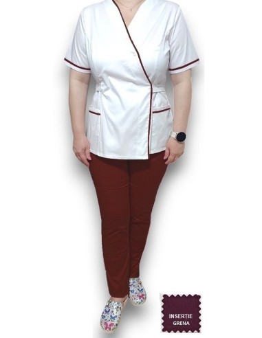 Halat medical Kimono, alb insertie grena