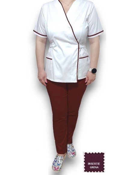 Halat medical Kimono, alb insertie grena Halat medical Kimono, alb insertie grena