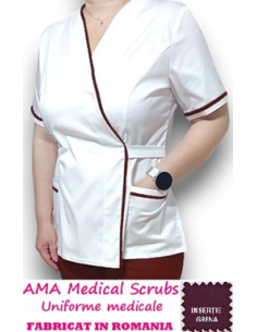 Halat medical Kimono, alb insertie grena, din tercot