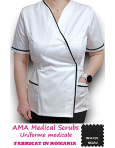 Halat medical Kimono alb insertie neagra, din tercot elastic