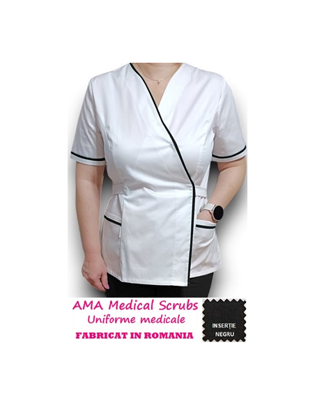Halat medical Kimono alb insertie neagra, din tercot elastic Halat medical Kimono alb insertie neagra, din tercot elastic