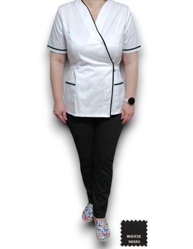 Halat medical Kimono alb insertie neagra, din tercot elastic