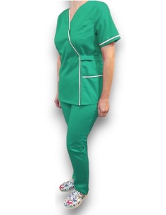 Halat medical Kimono, verde spital cu insertie alba, din tercot elastic 2