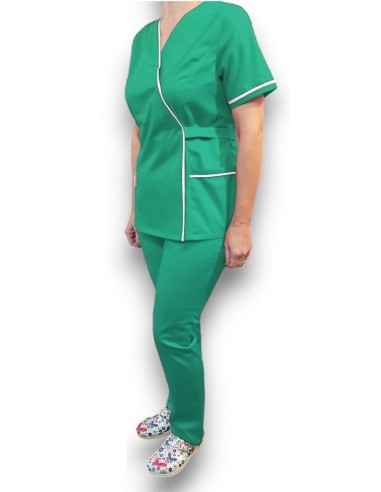 Halat medical Kimono, verde spital cu insertie alba, din tercot elastic