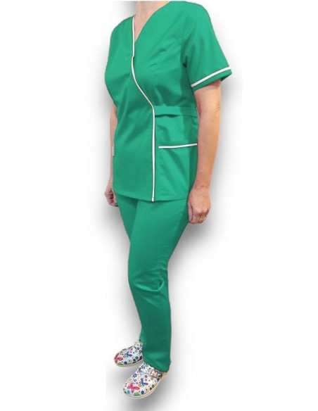 Halat medical Kimono, verde spital cu insertie alba, din tercot elastic Halat medical Kimono, verde spital cu insertie alba, din tercot elastic