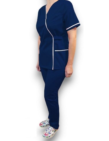Halat medical Kimono,bleumarin cu insertie alba, din tercot elastic
