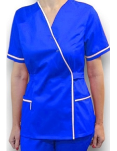 Halat medical Kimono, albastru cu insertie alba, din tercot elastic