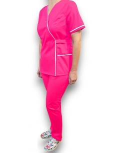 Halat medical Kimono, ciclam cu insertie alba, din tercot elastic 2