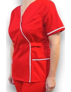 Halat medical Kimono, rosu cu insertie alba, din tercot elastic