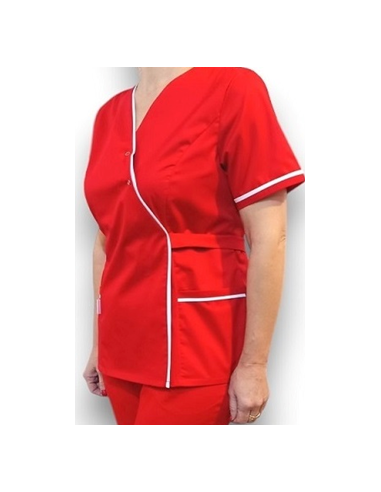 Halat medical Kimono, rosu cu insertie alba, din tercot elastic
