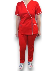 Halat medical Kimono, rosu cu insertie alba, din tercot elastic 2
