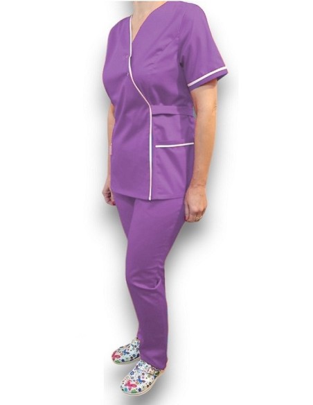 Halat medical Kimono, mov cu insertie alba, din tercot Halat medical Kimono, mov cu insertie alba, din tercot