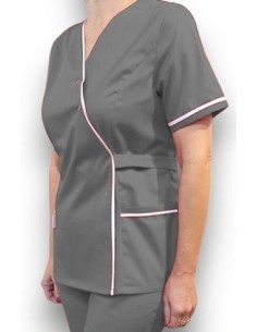 Halat medical Kimono, gri cu insertie alba, din tercot elastic