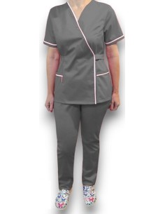 Halat medical Kimono, gri cu insertie alba, din tercot elastic 2