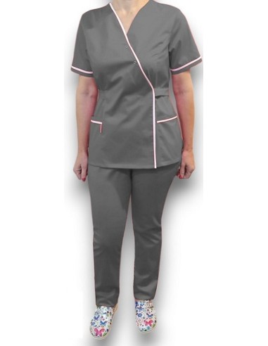 Halat medical Kimono, gri cu insertie alba, din tercot elastic