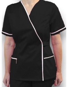 Halat medical Kimono, negru cu insertie alba, din tercot elastic