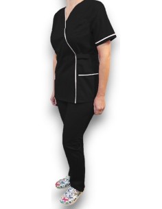 Halat medical Kimono, negru cu insertie alba, din tercot elastic 2