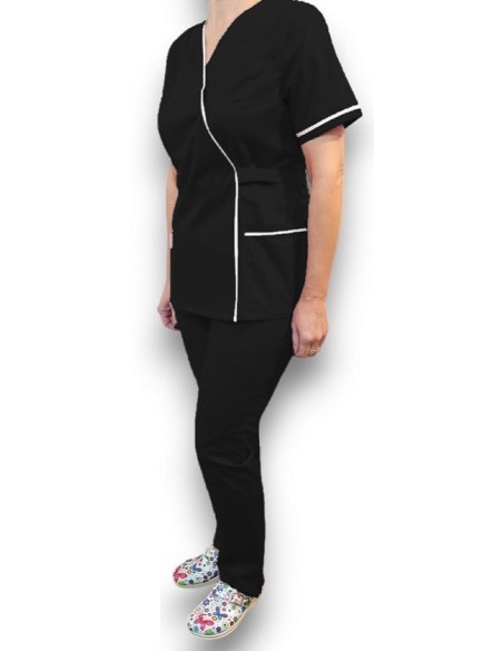 Halat medical Kimono, negru cu insertie alba, din tercot elastic Halat medical Kimono, negru cu insertie alba, din tercot elastic