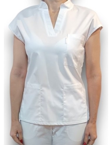 Halat medical alb, bluza anchior si guler tunica, din tercot elastic