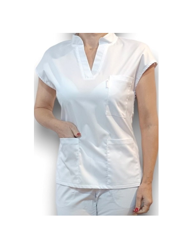 Halat medical alb, bluza anchior si guler tunica, din tercot elastic