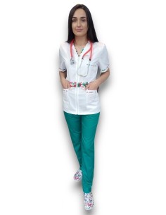 Costum medical  tercot elastic, halat alb cu fermoar, pantaloni verde spital 2