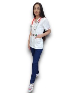 Costum medical  tercot elastic, halat alb cu fermoar, pantaloni bleumarin 2