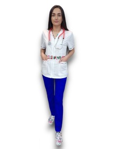 Costum medical  tercot elastic, halat alb cu fermoar, pantaloni albastru royal 2