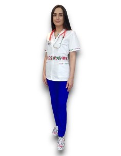 Costum medical  tercot elastic, halat alb cu fermoar, pantaloni albastru royal