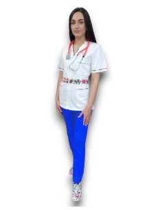 Costum medical  tercot elastic, halat alb cu fermoar, pantaloni albastri 2