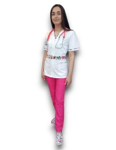 Costum medical  tercot elastic, halat alb cu fermoar, pantaloni ciclam