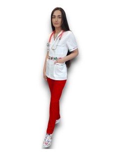 Costum medical  tercot elastic, halat alb cu fermoar, pantaloni rosii