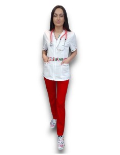 Costum medical  tercot elastic, halat alb cu fermoar, pantaloni rosii 2