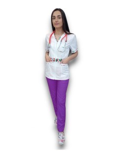 Costum medical  tercot, halat alb cu fermoar, pantaloni mov